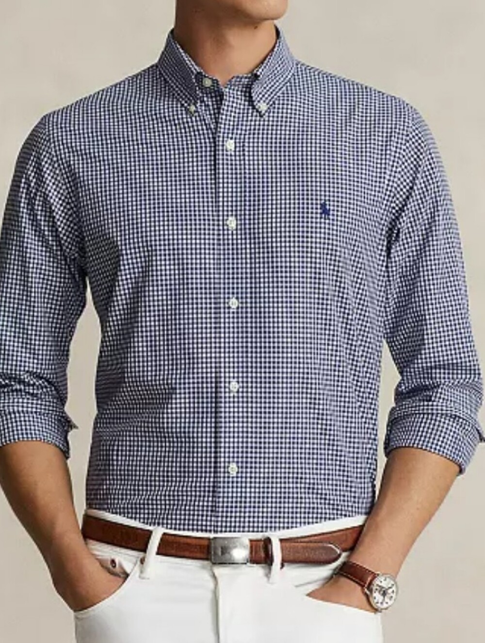 Ralph Lauren Large Navy and Cream Gingham Button-Down Long Sleeve Shirt